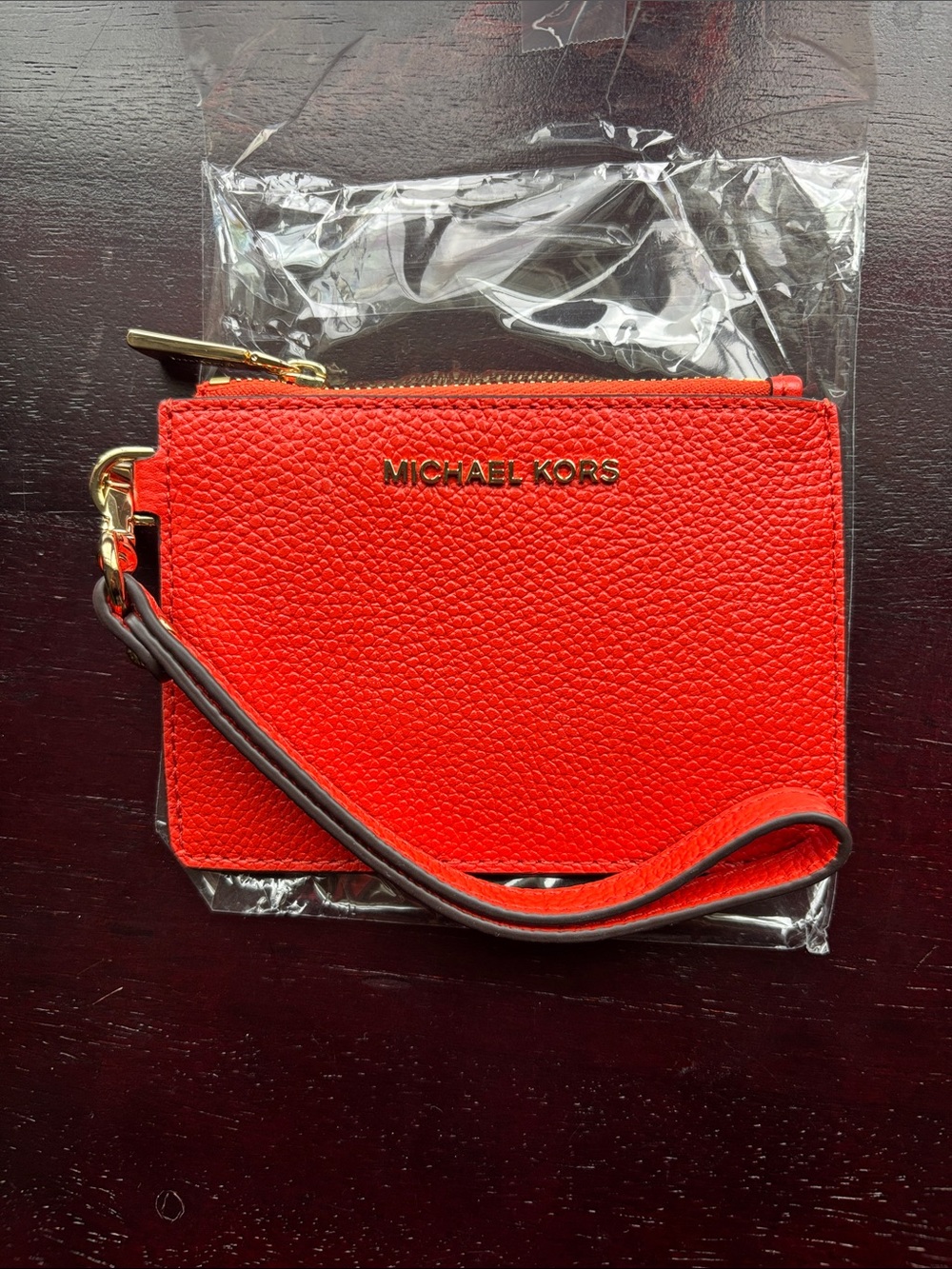 Michael Kors Red Pebbled Leather Wristlet Card Pouch with Gold Hardware